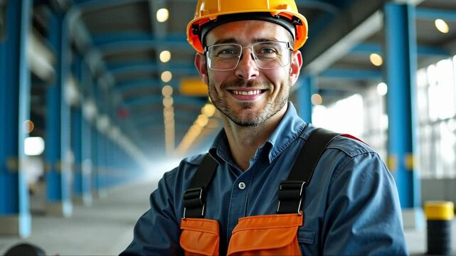 A construction worker in a helmet and protective glasses working with tools, front view, daylight lighting, industrial color palet.