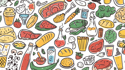 Vector-style hand-drawn icons representing various food categories meats and dairy products, fresh fruits and vegetables