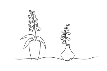 Elegant line art illustration of two floral plants in minimalist vases on white background