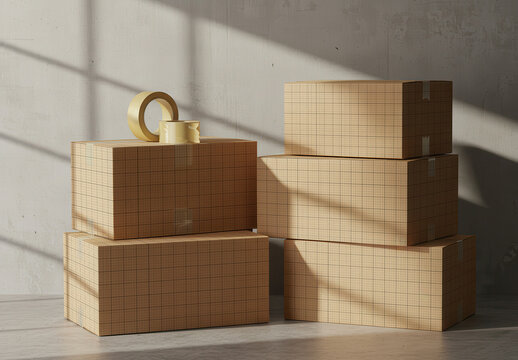 Industrial Brown Cardboard Shipping Packing Moving Boxes with Duct Tape Mockup