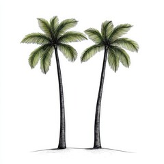 Etched Palm Trees Illustration with Green Fronds and Black Trunks on White Background