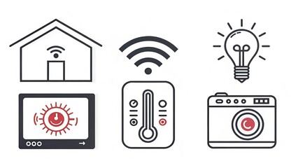 Minimalist icon set for smart home technology: thermostat, lights, camera, speaker