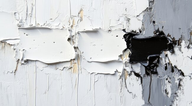 Peeling paint on a weathered white surface with black accents