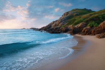 Obraz premium Coastal Serenity: Tranquil Ocean Waves Gently Kissing a Sandy Beach at Sunrise