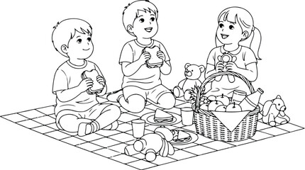 Three Happy Kids Enjoying a Picnic Outdoors
