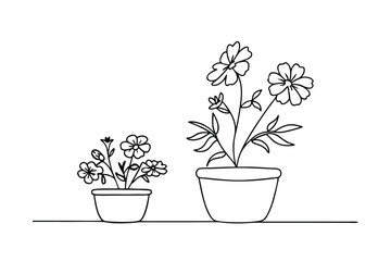 Simple black and white line art of potted flowers in two different sized containers