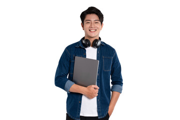 Portrait of Asian male student wearing headphones , using laptop and posing on PNG background	