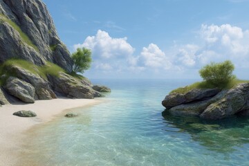 Obraz premium Serene Coastal Cove: Tranquil Beach Scene with Rocky Shores