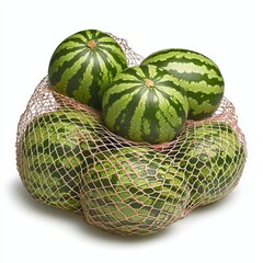 Five Green Striped Watermelons in Orange Mesh Bag on White Background