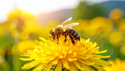 Bee covering with pollen sitting on a dandelion closeup