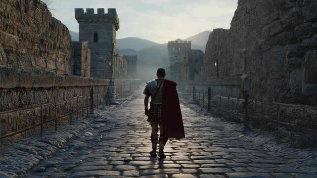 A roman soldier with crimson cape walks down a misty cobblestone street toward distant towers at dawn. Concept of ancient valor and epic historical journey.
