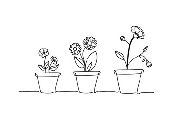 Continuous line drawing of three potted flowers at different stages of growth