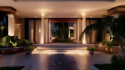 Evening ambiance around a luxury villa with soft lighting.  - Powered by Adobe