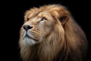 Obraz premium Majestic Lion Portrait: A Serene, Dark Background Study