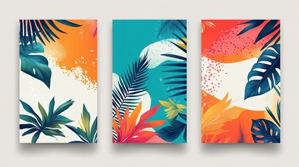 Vibrant Tropical Leaf Trio: Abstract Botanical Art Prints