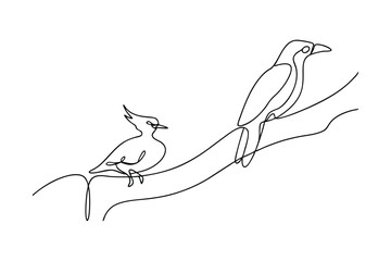 Minimalist line drawing of two birds perched on a branch in black and white