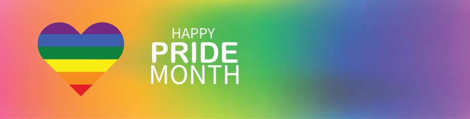  Colorful Pride Month banner featuring a rainbow heart and vibrant gradient background, symbolizing LGBTQ+ love, equality, and celebration in June.
