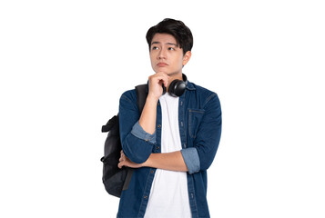 Portrait of Asian male student wearing backpack and headphones posing on PNG background	