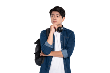 Portrait of Asian male student wearing backpack and headphones posing on PNG background	