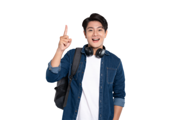Portrait of Asian male student wearing backpack and headphones posing on PNG background	
