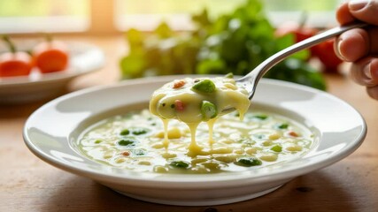 Spoonful of creamy vegetable soup with peas and herbs in warm natural light. Healthy and comforting homemade dish. Close-up with soft background, ideal for food blog or nutrition concept. - Powered by Adobe
