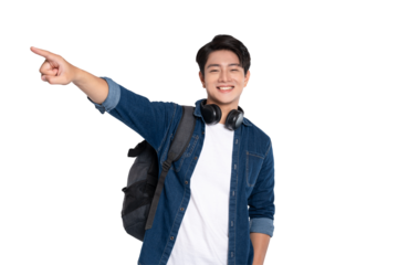Portrait of Asian male student wearing backpack and headphones posing on PNG background	