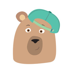 Bear in a green baseball cap. Vector illustration.