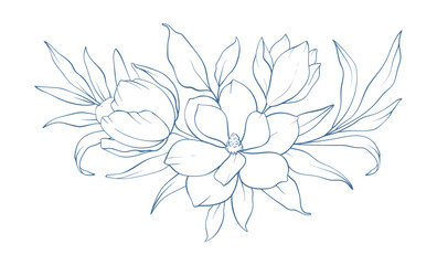 Elegant floral line art bouquet composition. Hand drawn minimalist flowers and leaves in delicate boho style for prints, wall decor, wedding invitations, greeting cards. Vector delicate illustration.