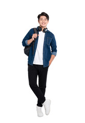 Full body image of young Asian male student using phone and posing on PNG background	