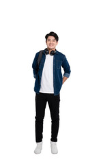 Full body image of young Asian male student using phone and posing on PNG background	