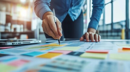 Strategic Planning: Businessperson Analyzing Data with Sticky Notes
