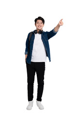 Full body image of young Asian male student using phone and posing on PNG background	