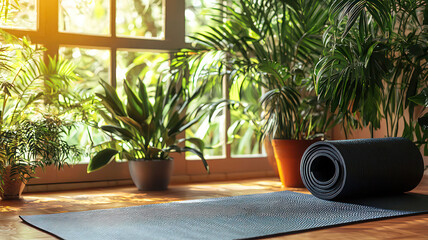 Indoor plant corner with yoga mat, focusing on wellness environment