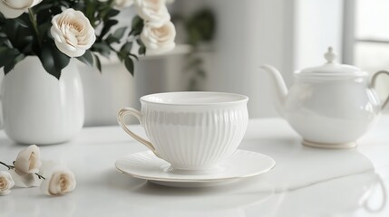 Elegant White Teacup and Teapot Set with Roses