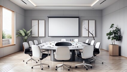 Large conference room, wooden table, chairs and projections 