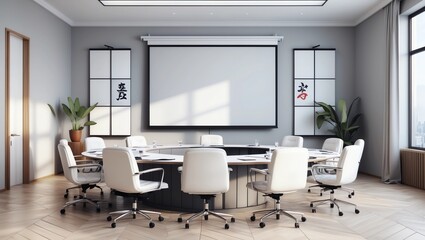 Fototapeta premium Large conference room, wooden table, chairs and projections 