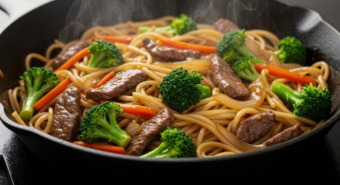 Delicious beef and broccoli lo mein simmering in a cast iron skillet