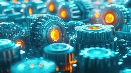Abstract close-up of many gears and cogs