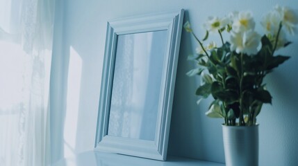 Serene Minimalist Home Decor: Empty Picture Frame with Flowers