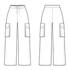 Elastic Waist Cargo Pants Straight Cut- Fashion Vector Illustration- Front and Back View- Cad Mock-up 