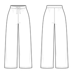 Straight Cut Elastic Waist Pants with Drawstring- Front and Back View- Fashion Vector Illustration-CAD Mock-up 