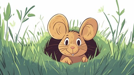 Adorable Mouse Peeking from Grassy Burrow