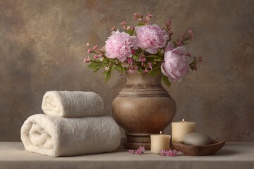 Serene Spa Still Life: Pink Peonies, Towels, and Candles