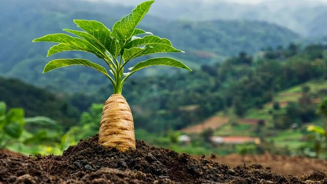 Young plant sprouts from soil, scenic backdrop