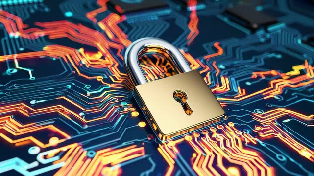 Cybersecurity lock concept: gold padlock on circuit board representing digital security and data protection - Powered by Adobe