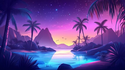 Obraz premium Tranquil Tropical Sunset Scene With Palm Trees And Mountains