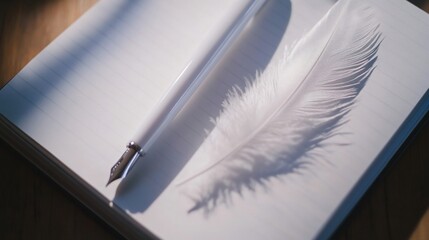 White Feather and Fountain Pen on Blank Notebook