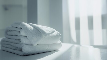 Soft Stack of Pristine White Bath Towels in Sunlit Bathroom