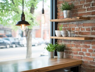 Interior design with brick wall and wooden shelves with potted plants and soft lighting