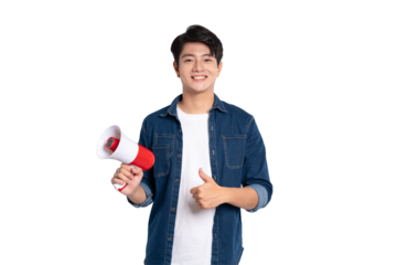 Portrait of young Asian man holding a megaphone and holding shopping bag posing on a PNG background	